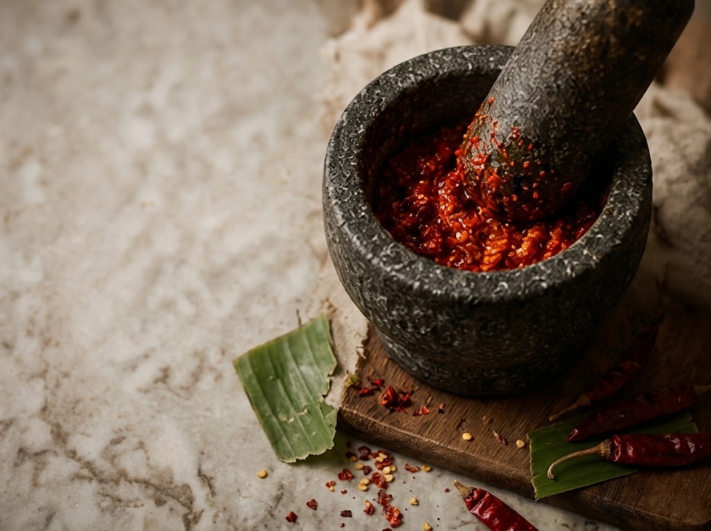 Sambal being pounded in a granite mortar and pestle, with dried chillies on a wooden board